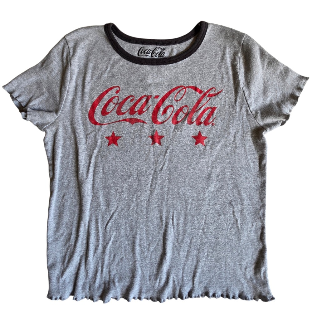 Coca Cola Y2K 2000s Ringer Tee Fitted Graphic‎ Lettuce Hem Gray Womens XL Retro